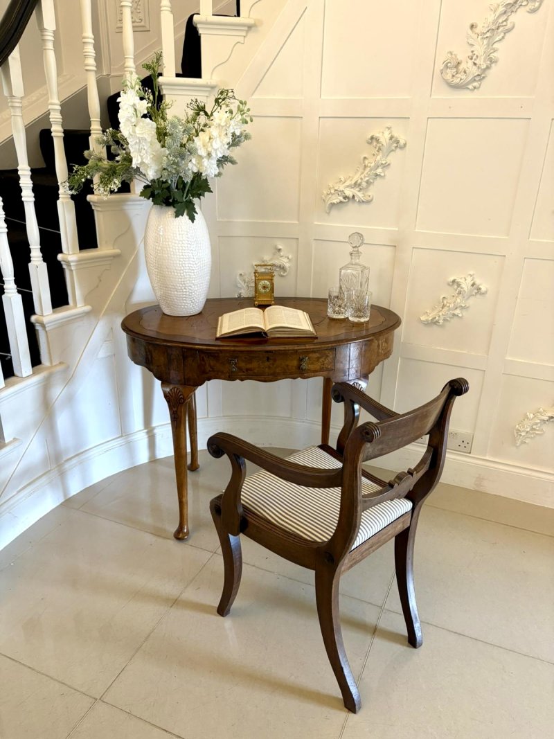 Antique Edwardian Quality Burr Walnut Freestanding Oval Shaped Writing Table - Image 3